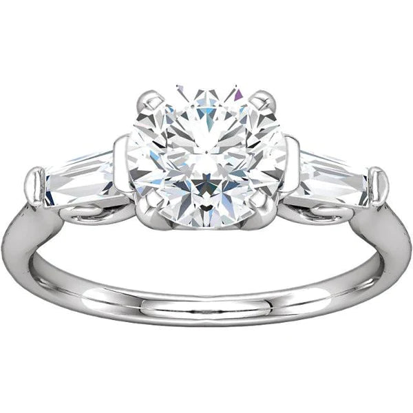 2.01 Ct Round And Baguette Real Diamond 3 Stone Engagement Ring White Gold