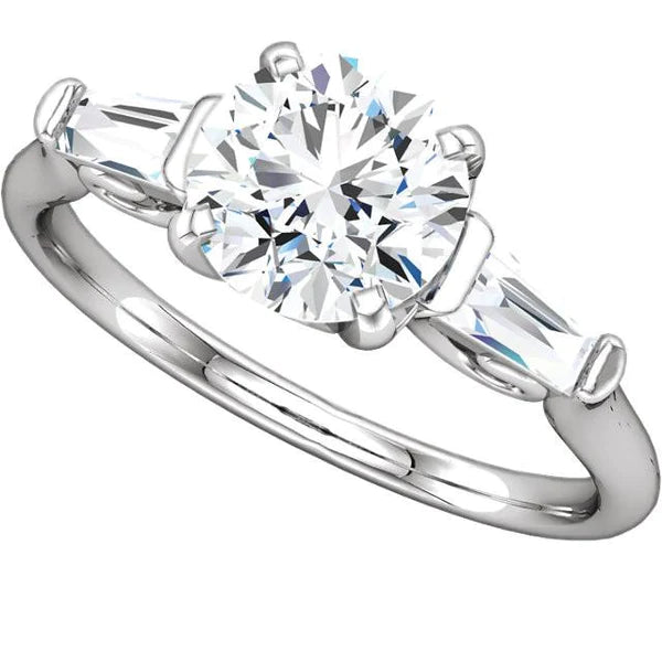 2.01 Ct Round And Baguette Real Diamond 3 Stone Engagement Ring White Gold