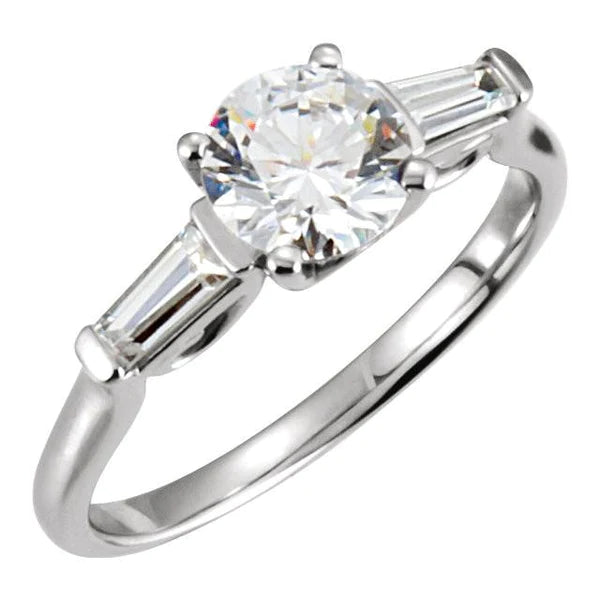 2.01 Ct Round And Baguette Real Diamond 3 Stone Engagement Ring White Gold