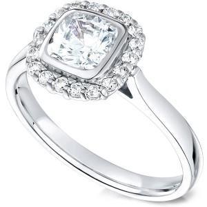 2.01 Ct. Halo Real Diamonds Ring Cushion & Round Diamond WG 14K Bezel Set