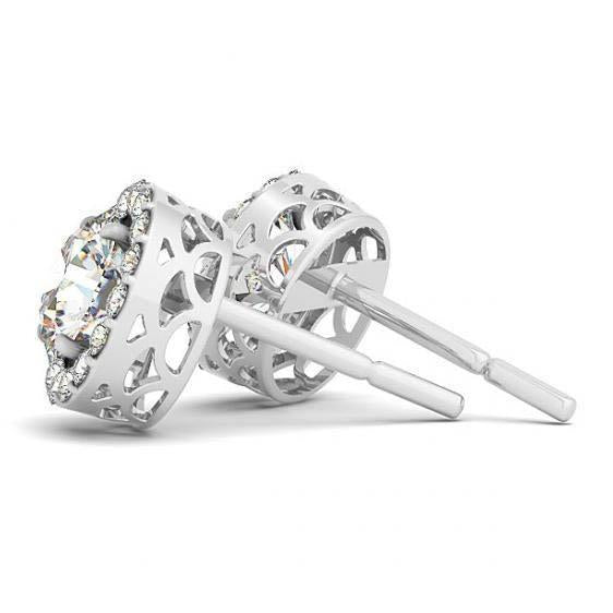 2.10 Carats D VVS1 Round Natural Diamonds White Gold 14K Studs Pair Halo Earrings