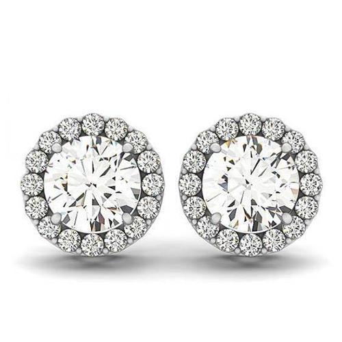 2.10 Carats D VVS1 Round Natural Diamonds White Gold 14K Studs Pair Halo Earrings