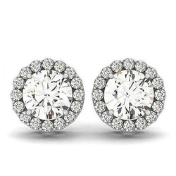 2.10 Carats Round Real Diamonds White Gold 14K Studs Pair Halo Earrings