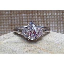 2.11 Carats Pear & Half Moon Real Natural Earth Mined Diamonds Three Stone Ring White Gold 14K