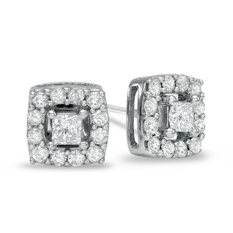 2.2 Ct Four Prong Set Princess & Round Genuine Natural Earth Mined Diamond Stud Earring Halo