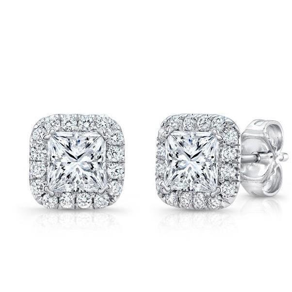 2.32 Carats Princess And Round Halo Real Diamond Stud Earring White Gold