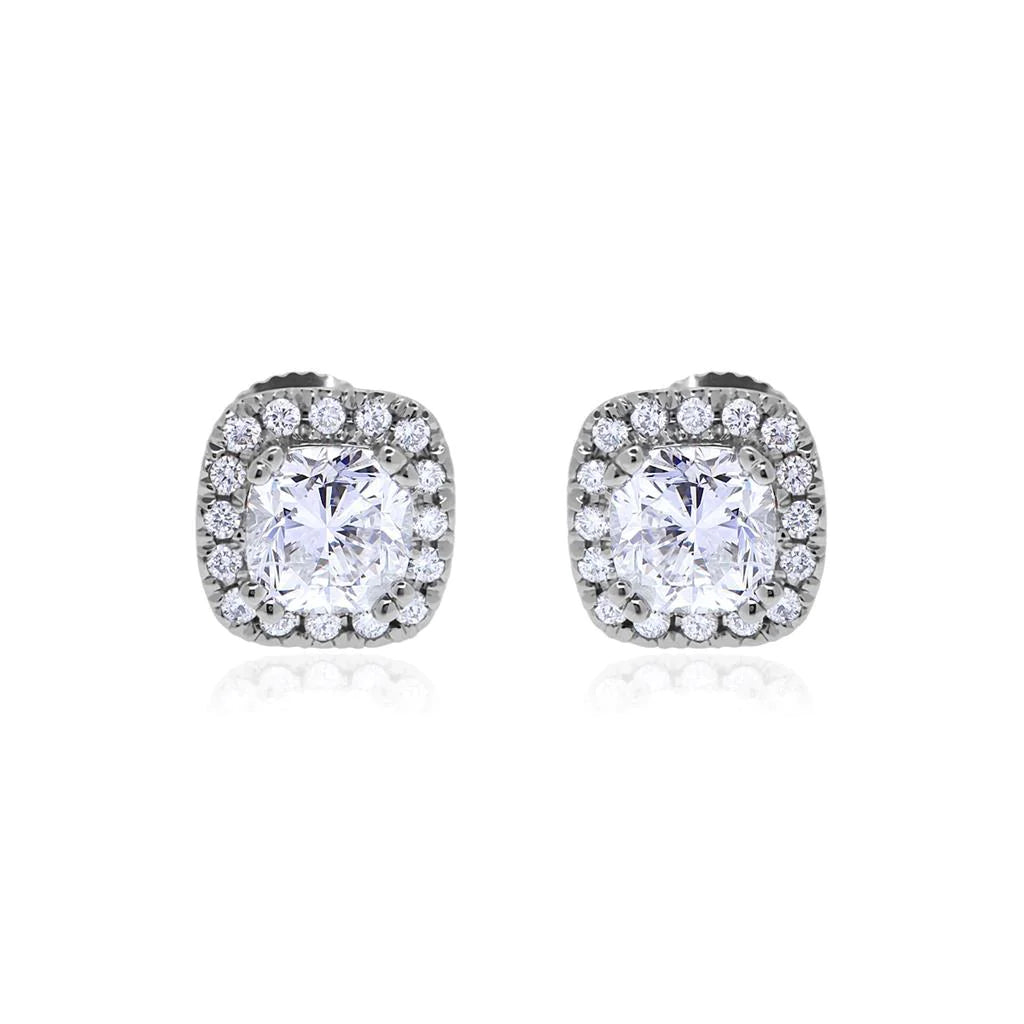 2.32 Ct Cushion And Round Cut Real Diamonds Studs Halo Earrings