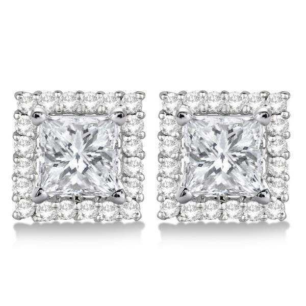 2.4 Carats Princess And Round Cut Genuine Diamonds Halo Studs Earrings WG 14K