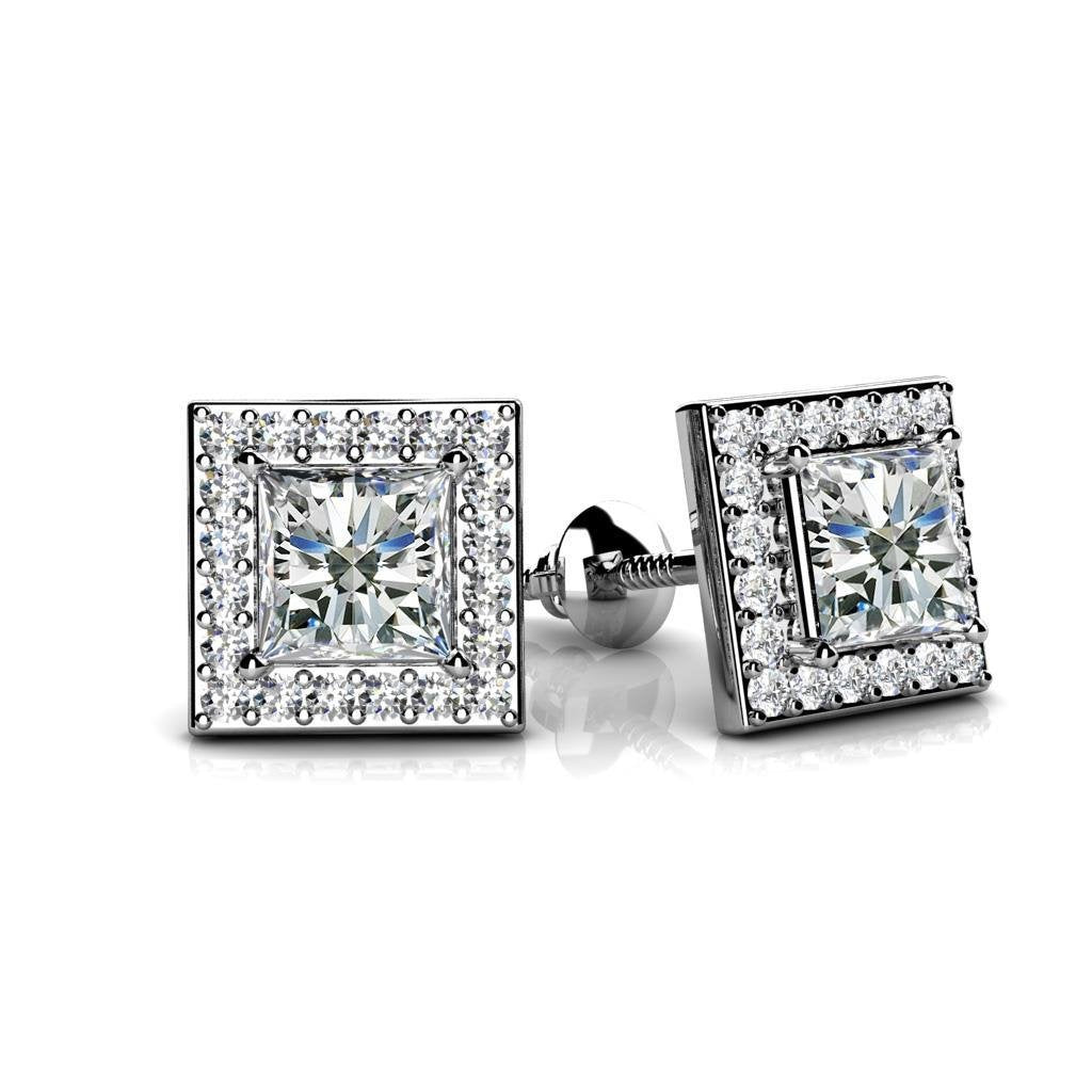 2.40 Ct Natural Princess & Round Cut Halo Diamond Stud Earring 14K White Gold