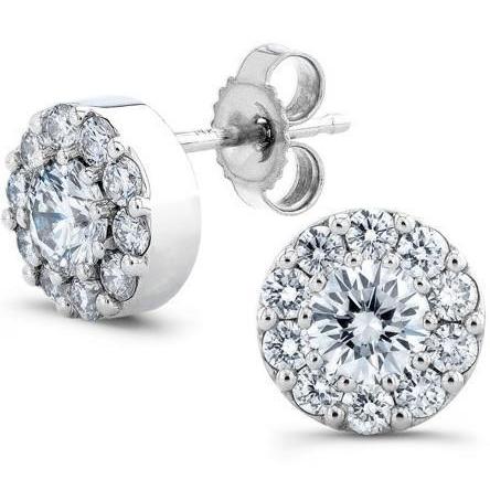 2.5 Carats Round Cut Halo Real Diamond Stud Earring Solid White Gold