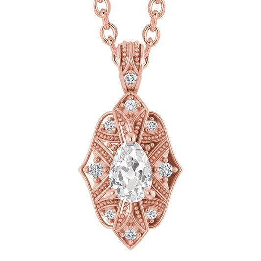 2.50 Carats Natural Diamond Pendant & Chain Pear Old Miner Rose Gold Jewelry