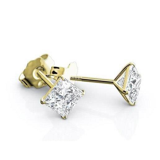 2.50 Carats Real Diamonds Studs Earrings Princess Cut 14K Yellow Gold