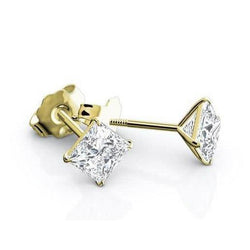 2.50 Carats Real Diamonds Studs Earrings Princess Cut 14K Yellow Gold