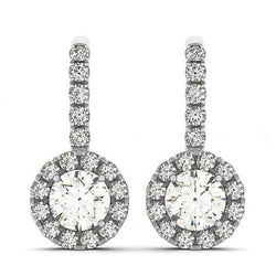 2.50 Carats Round Natural Diamonds Halo Dangle Earrings Gold White