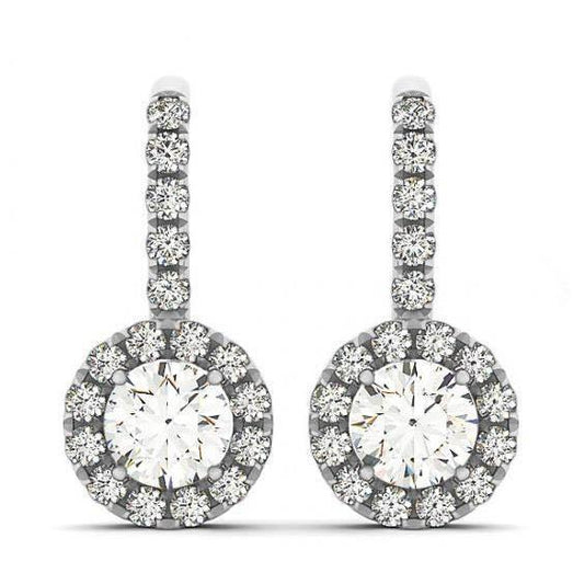 2.50 Carats Round Natural Diamonds Halo Dangle Earrings Gold White