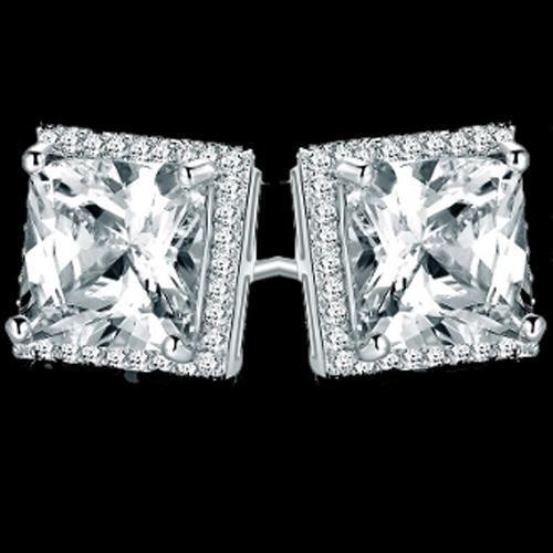 2.70 Ct Princess And Round Halo Natural Earth Mined Diamond Stud Earring 14K White Gold
