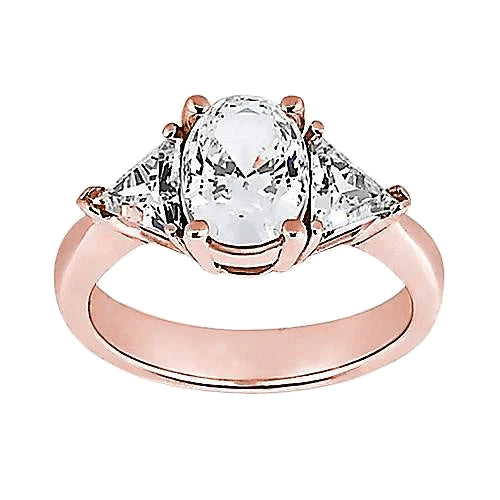 2.71 Ct. Oval Center Real Diamond Three Stone Ring Rose Gold 14K