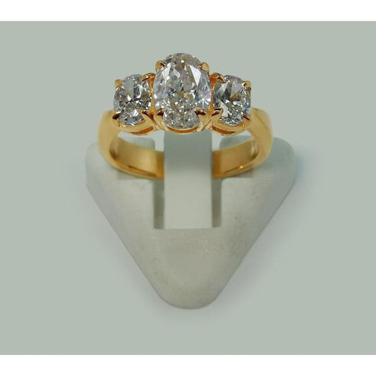2.81 Cts. Oval Genuine Diamonds Three Stone Engagement Ring Yellow Gold 18K
