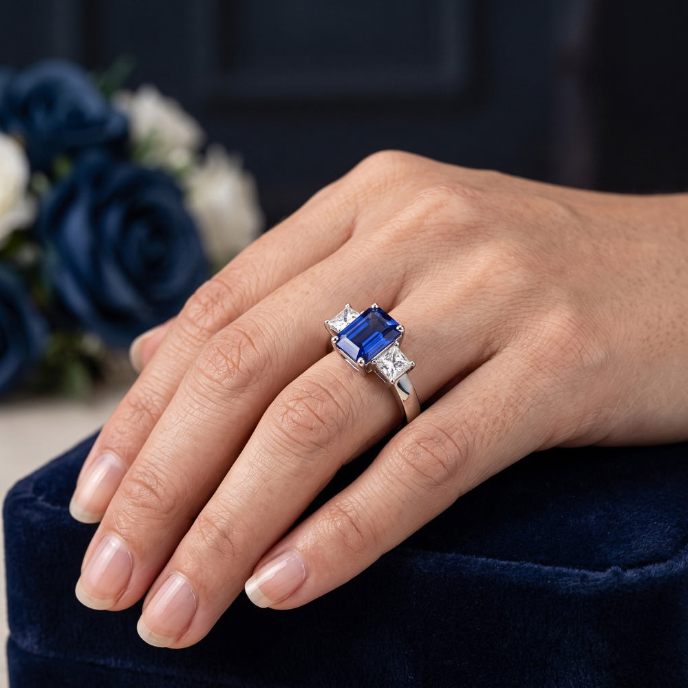 3.05 Ct. Emerald Ceylon Sapphire And Natural Earth Mined DIAMOND ( NOT LAB GROWN )s Three Stone Ring