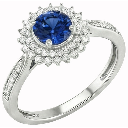 3.10 Ct Round Ceylon Blue Sapphire & Natural Earth Mined DIAMOND ( NOT LAB GROWN )s Ring WG 14K