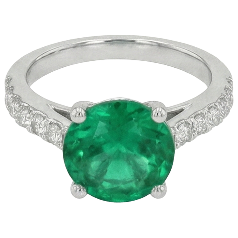 3.15 Carats Prong Set Green Emerald And Natural Earth Mined Diamonds Wedding Ring WG 14K