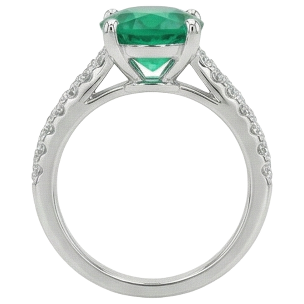 3.15 Carats Prong Set Green Emerald And Natural Earth Mined Diamonds Wedding Ring WG 14K