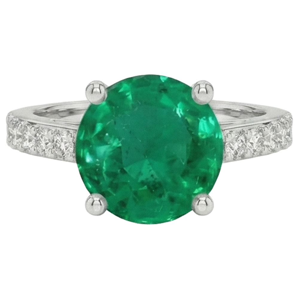 3.15 Carats Prong Set Green Emerald And Natural Earth Mined Diamonds Wedding Ring WG 14K