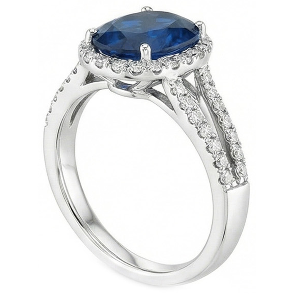 3.20 Carats Oval Sri Lanka Sapphire And Natural Earth Mined Diamond Ring White Gold 14K
