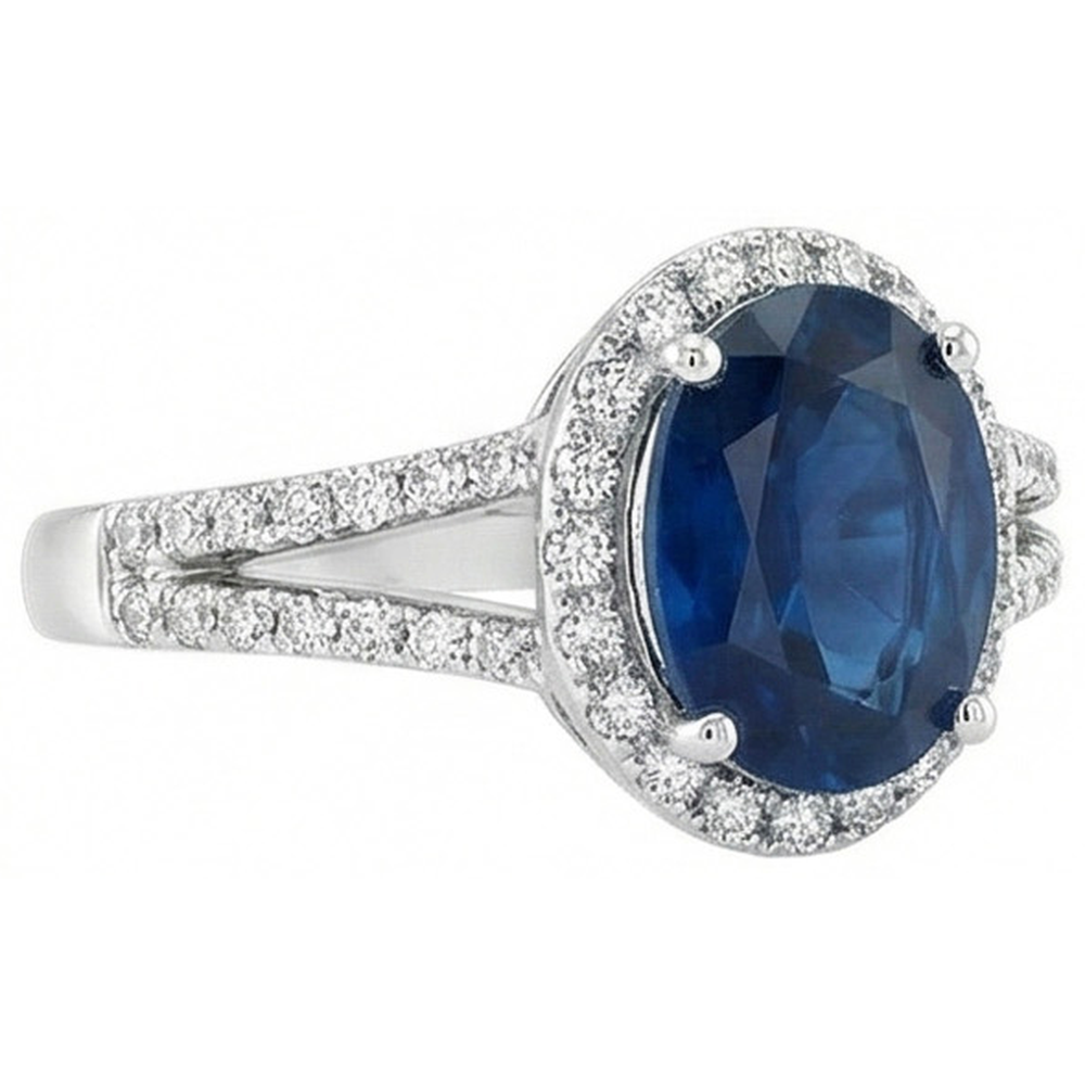 3.20 Carats Oval Sri Lanka Sapphire And Natural Earth Mined Diamond Ring White Gold 14K