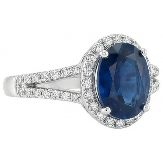 3.20 Carats Oval Sri Lanka Sapphire And Natural Earth Mined Diamond Ring White Gold 14K