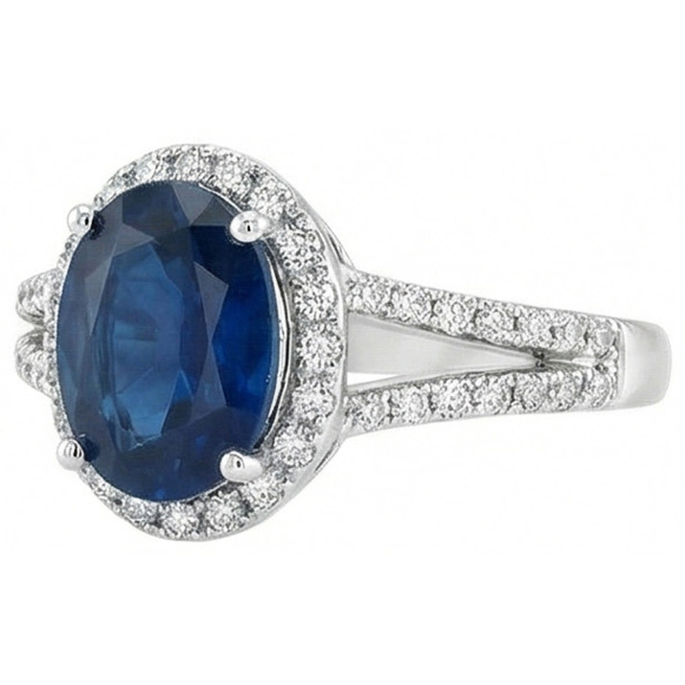 3.20 Carats Oval Sri Lanka Sapphire And Natural Earth Mined Diamond Ring White Gold 14K