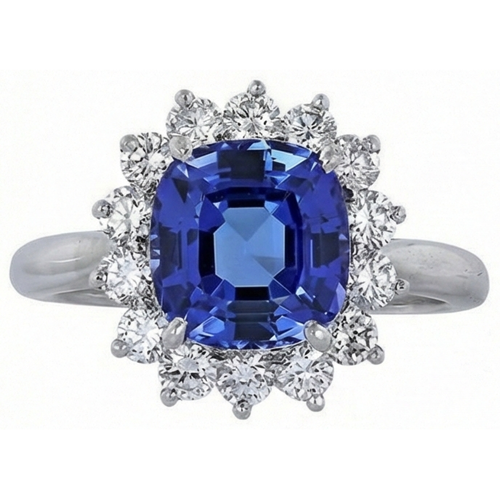 3.25 Carats Asscher Tanzanite & Round Natural Earth Mined Diamond Wedding Ring