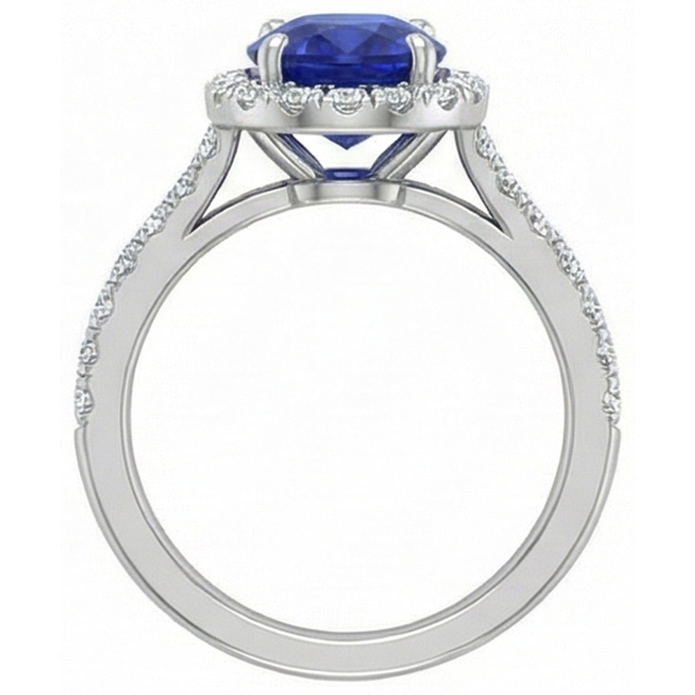3.25 Carats Ceylon Sapphire And Natural Earth Mined Diamonds Wedding Ring White Gold 14K