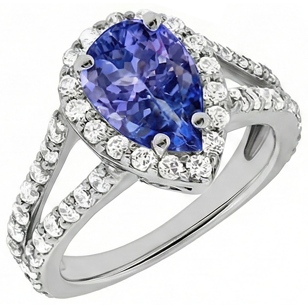 3.25 Ct Blue Pear Cut Tanzanite With Natural Earth Mined Diamond Ring Lady Men Gold