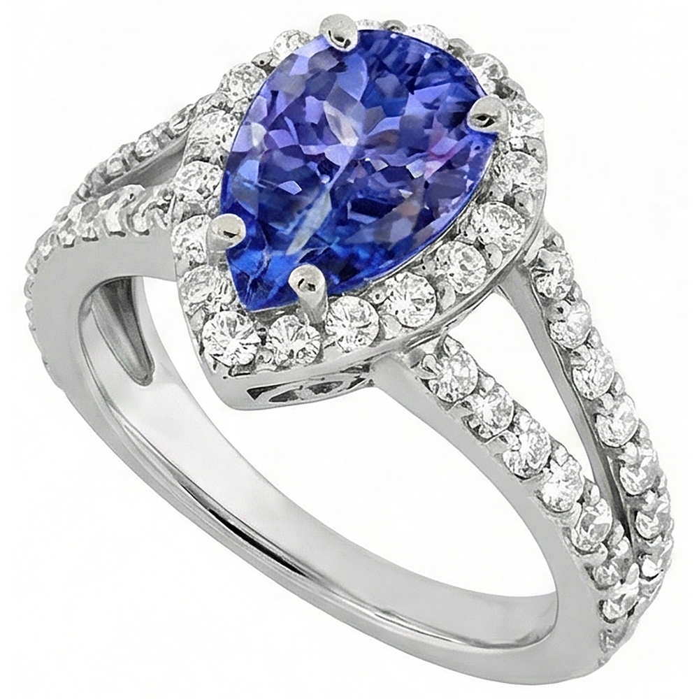 3.25 Ct Blue Pear Cut Tanzanite With Natural Earth Mined Diamond Ring Lady Men Gold