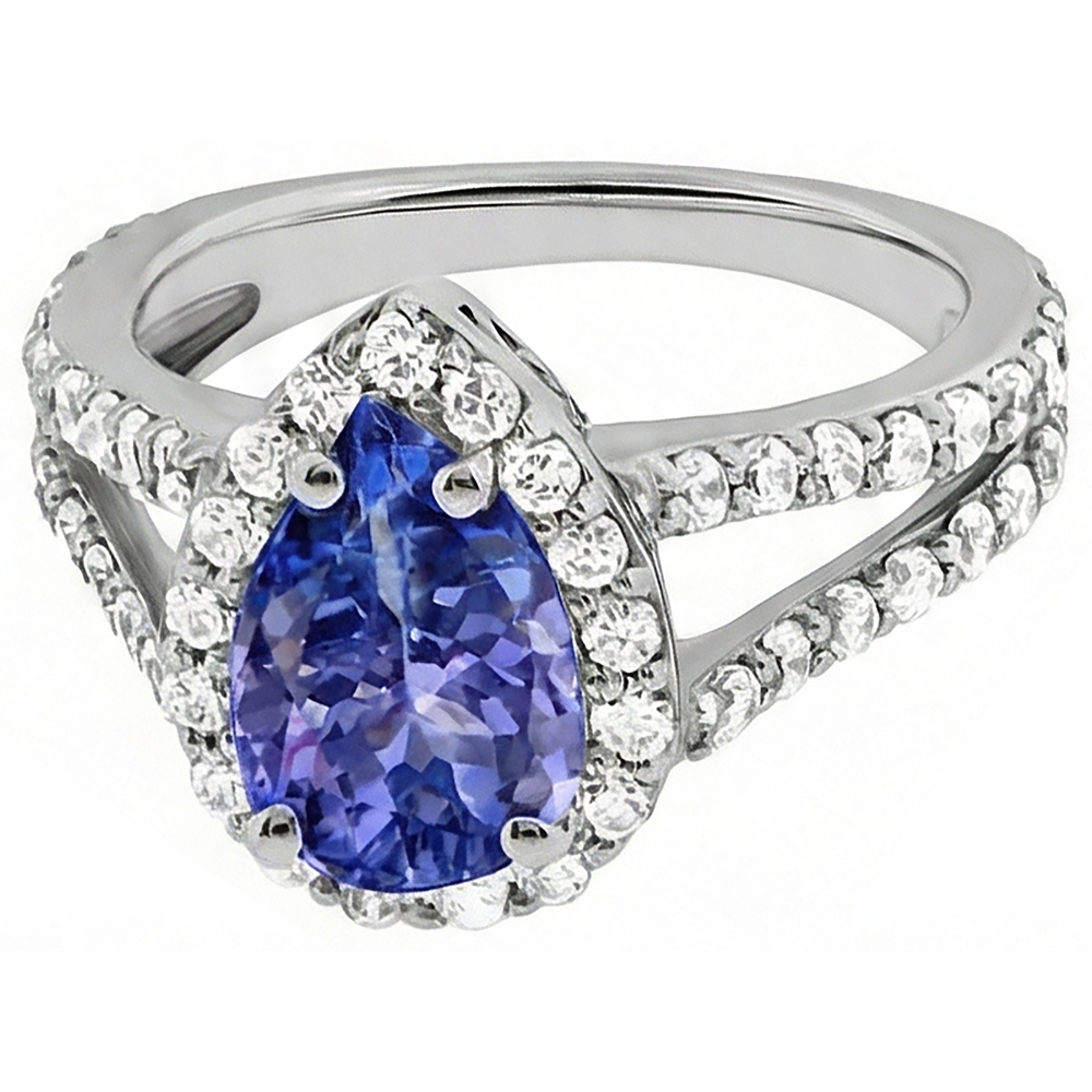 3.25 Ct Blue Pear Cut Tanzanite With Natural Earth Mined Diamond Ring Lady Men Gold