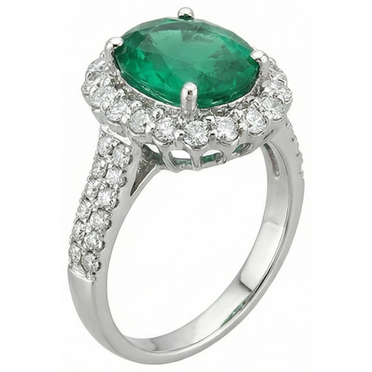 3.25 Ct Oval Green Emerald With Halo Natural Earth Mined Diamond Ring 14K White Gold
