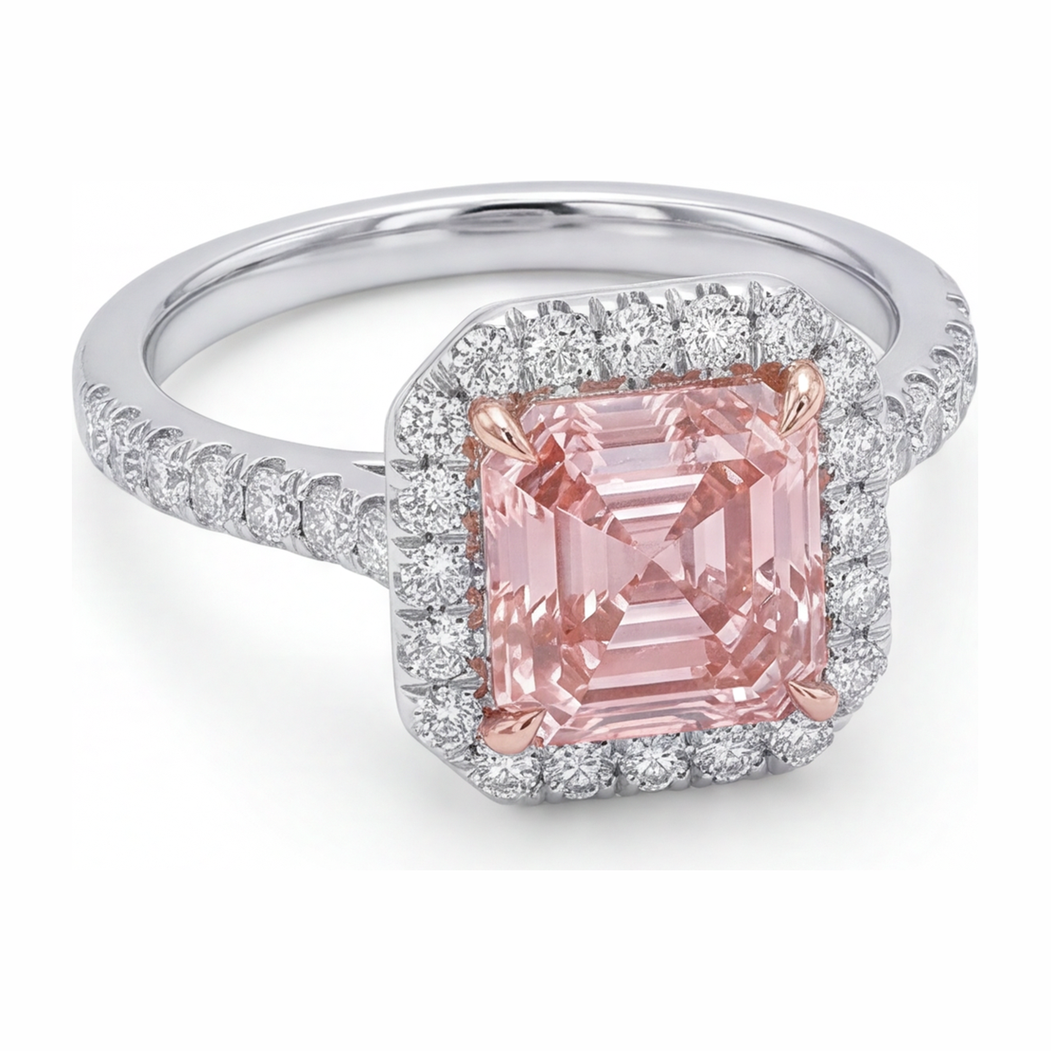 Women Pink Diamond Engagement Ring 3.25 Carat Lab Grown Asscher Halo 14K White Gold
