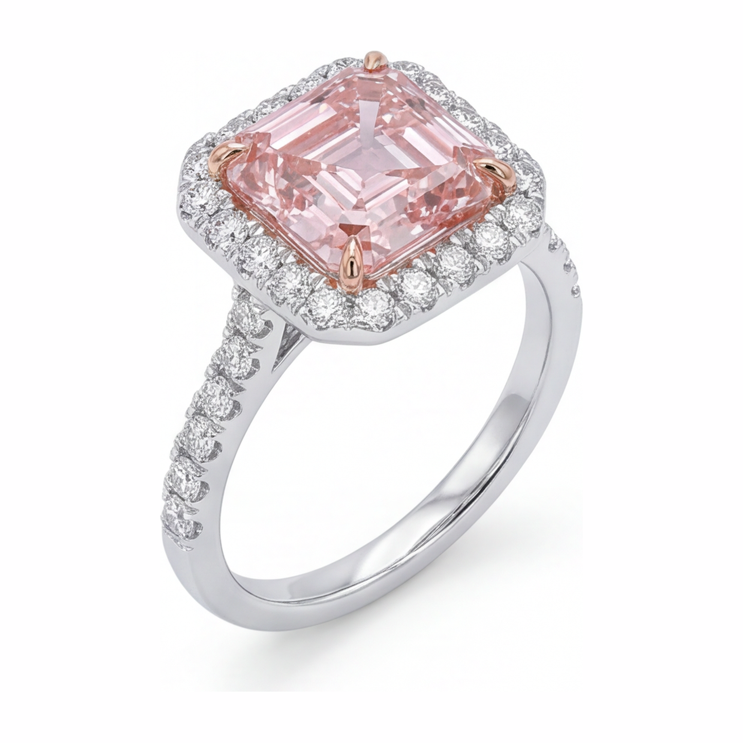 Women Pink Diamond Engagement Ring 3.25 Carat Lab Grown Asscher Halo 14K White Gold