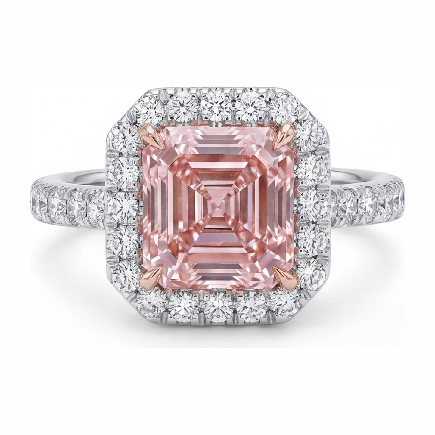 Women Pink Diamond Engagement Ring 3.25 Carat Lab Grown Asscher Halo 14K White Gold