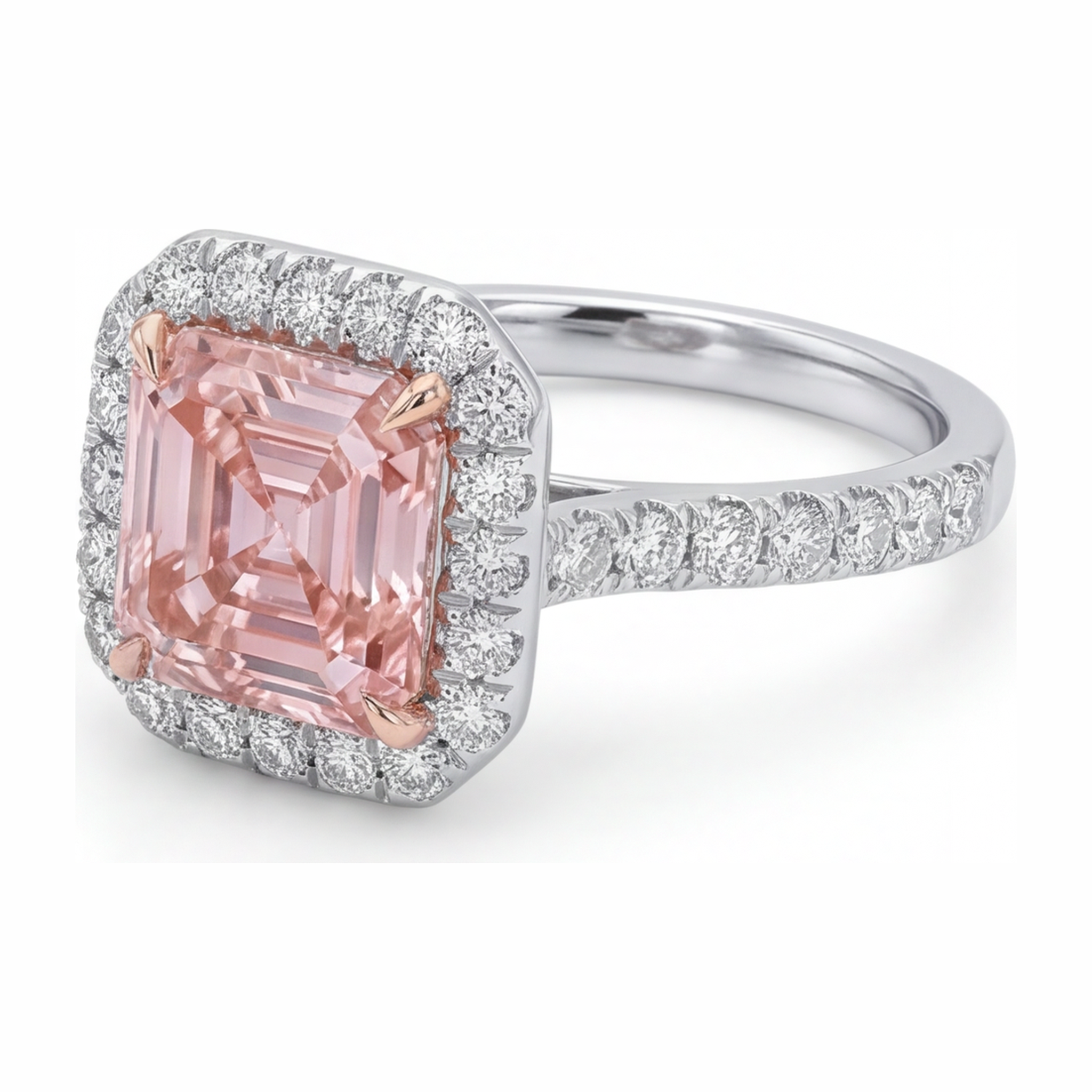 Women Pink Diamond Engagement Ring 3.25 Carat Lab Grown Asscher Halo 14K White Gold