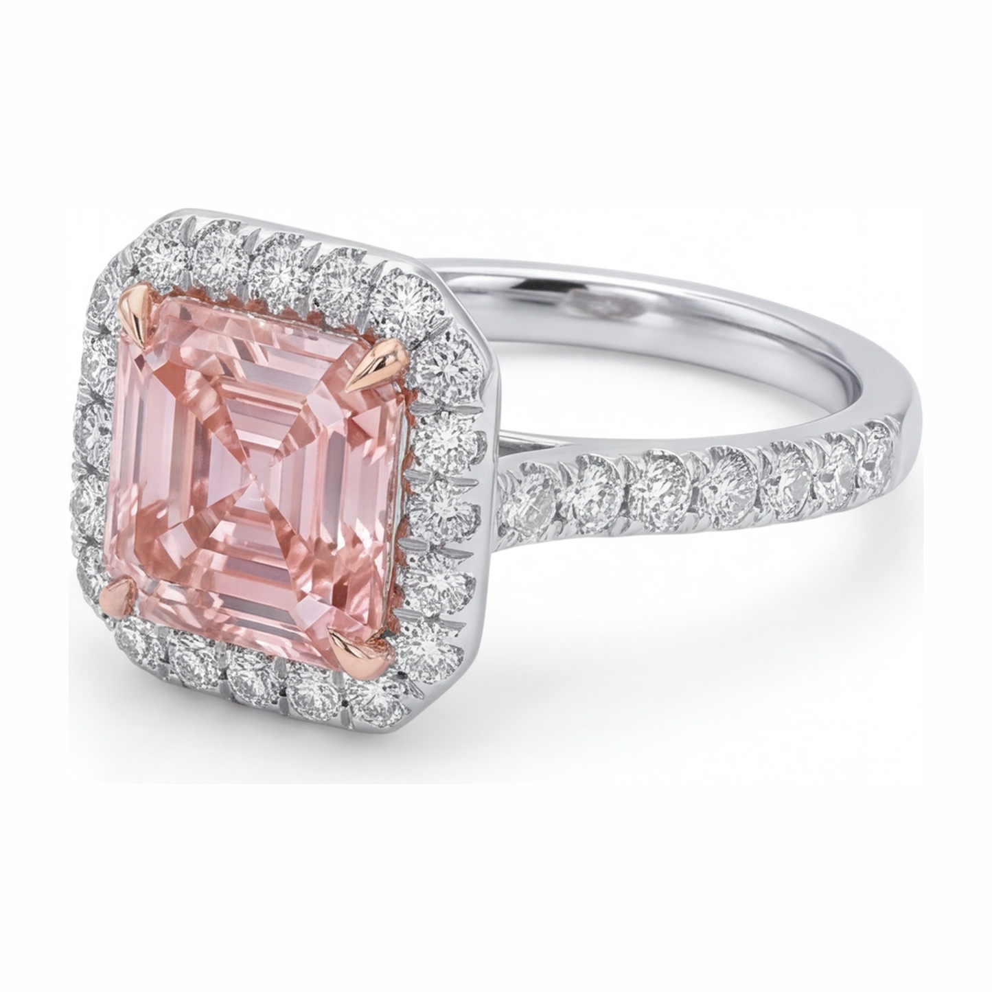 Women Pink Diamond Engagement Ring 3.25 Carat Lab Grown Asscher Halo 14K White Gold