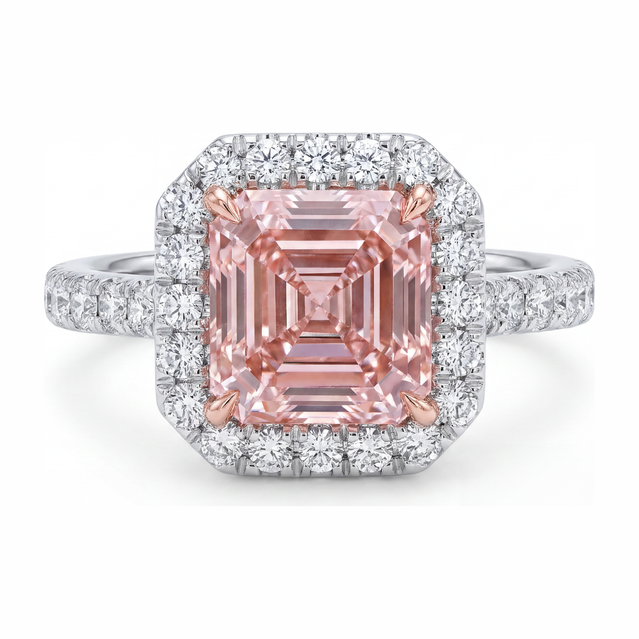 Women Pink Diamond Engagement Ring 3.25 Carat Lab Grown Asscher Halo 14K White Gold