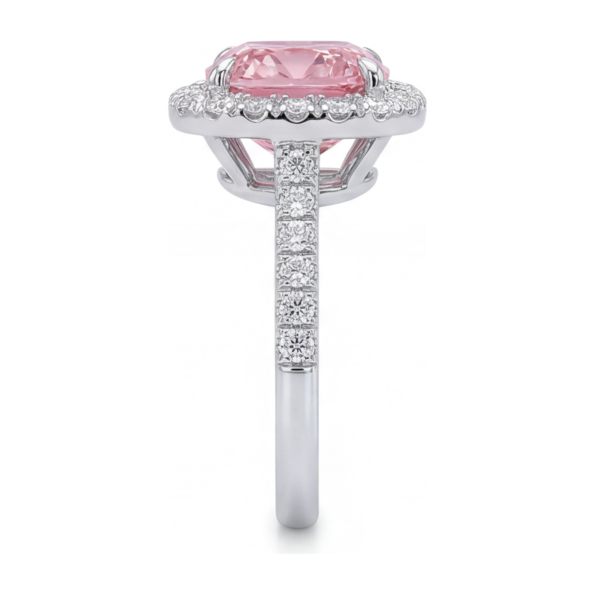 Pink Diamond Ring 3.25 Carat Lab Grown Cushion Halo Pave 14K White Gold