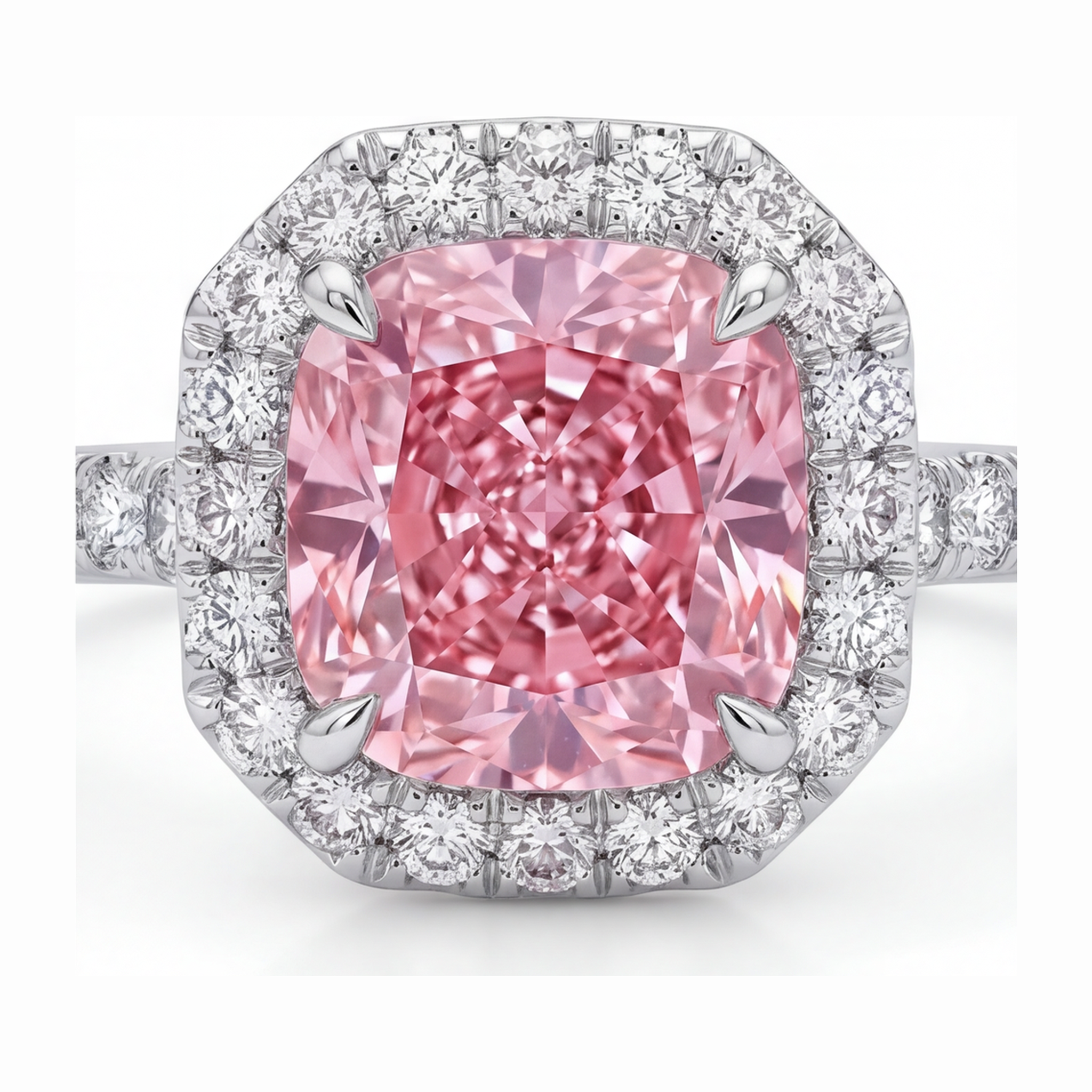 Pink Diamond Ring 3.25 Carat Lab Grown Cushion Halo Pave 14K White Gold
