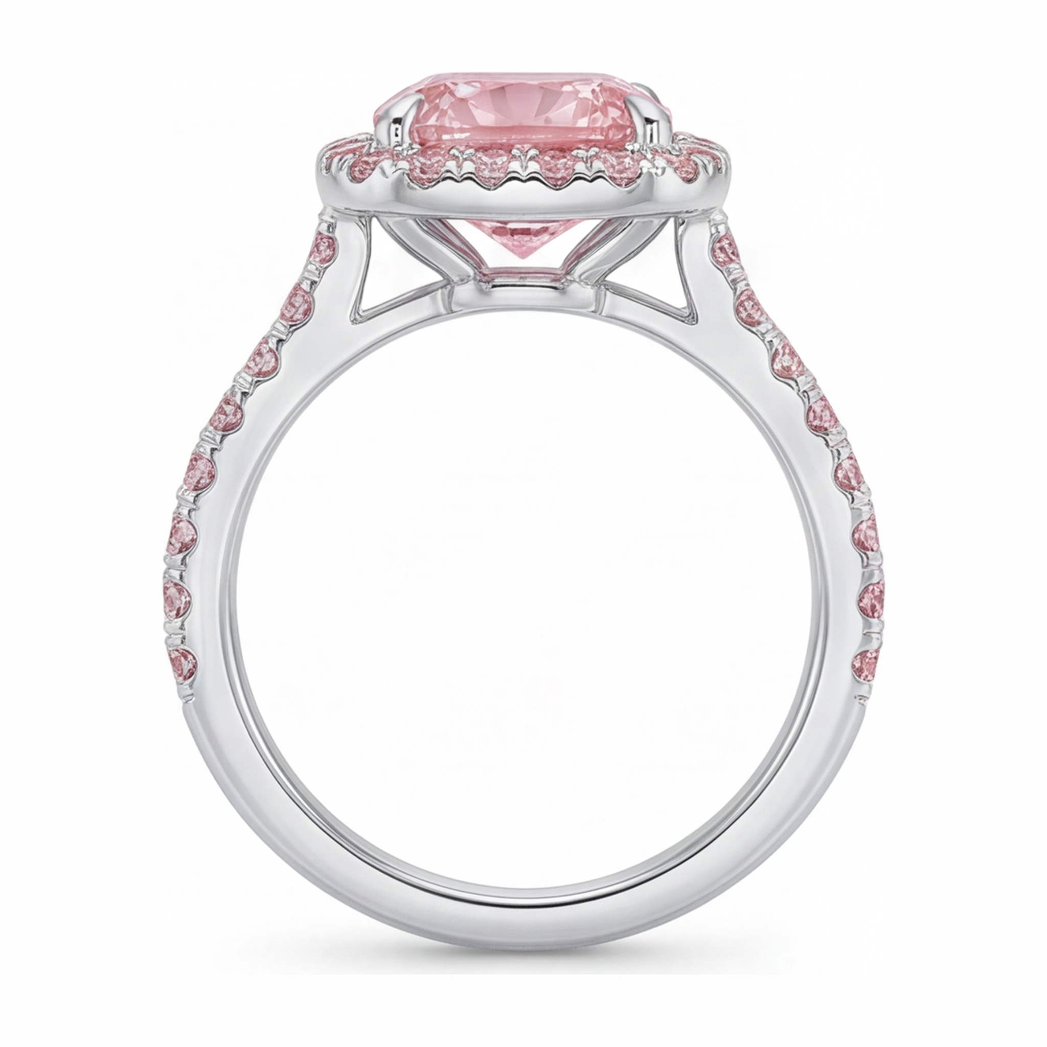 Pink Engagement Ring 3.25 Carat Lab Grown Cushion Diamond Halo Pave 14K White Gold