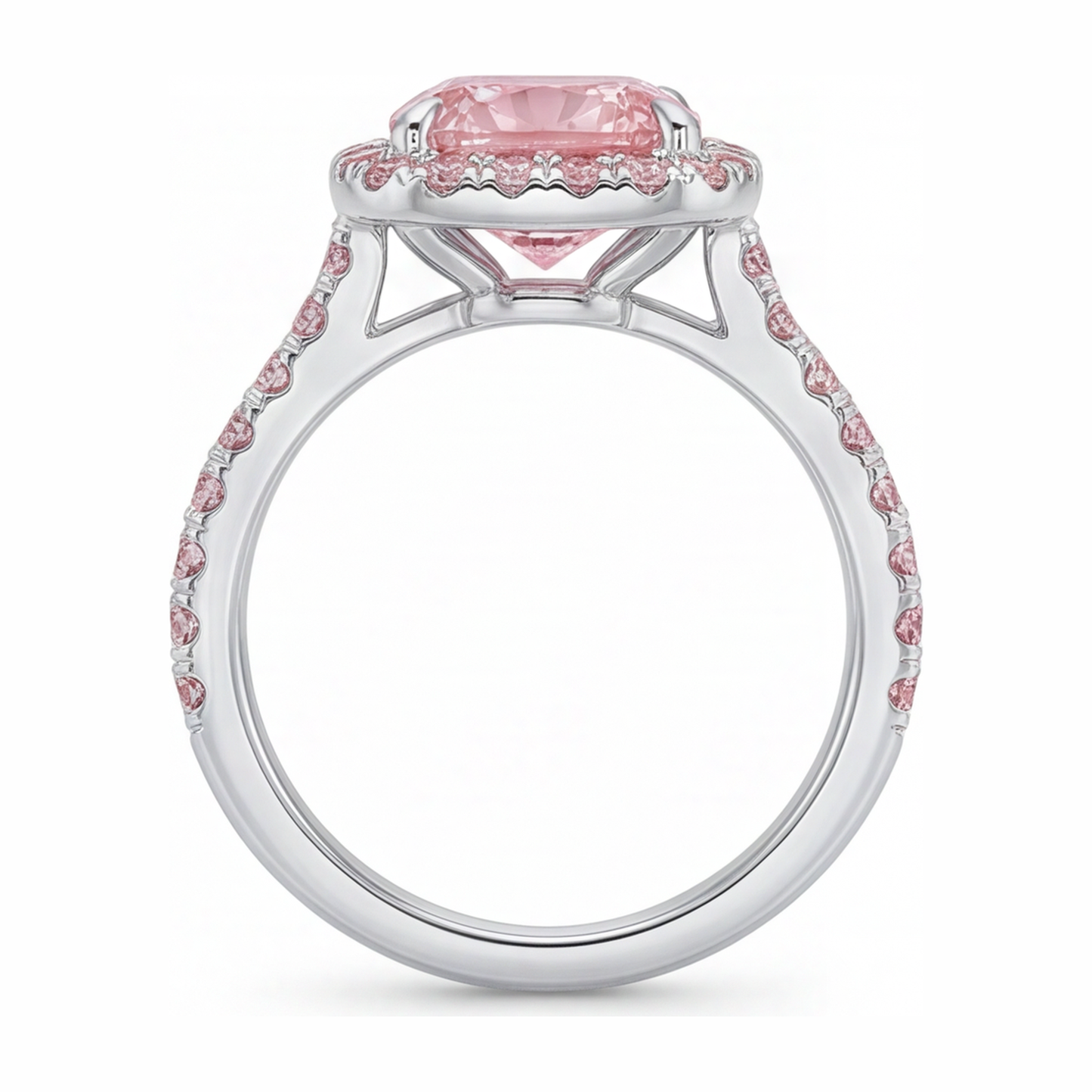 Pink Engagement Ring 3.25 Carat Lab Grown Cushion Diamond Halo Pave 14K White Gold