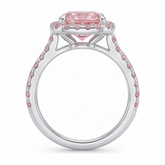Pink Engagement Ring 3.25 Carat Lab Grown Cushion Diamond Halo Pave 14K White Gold