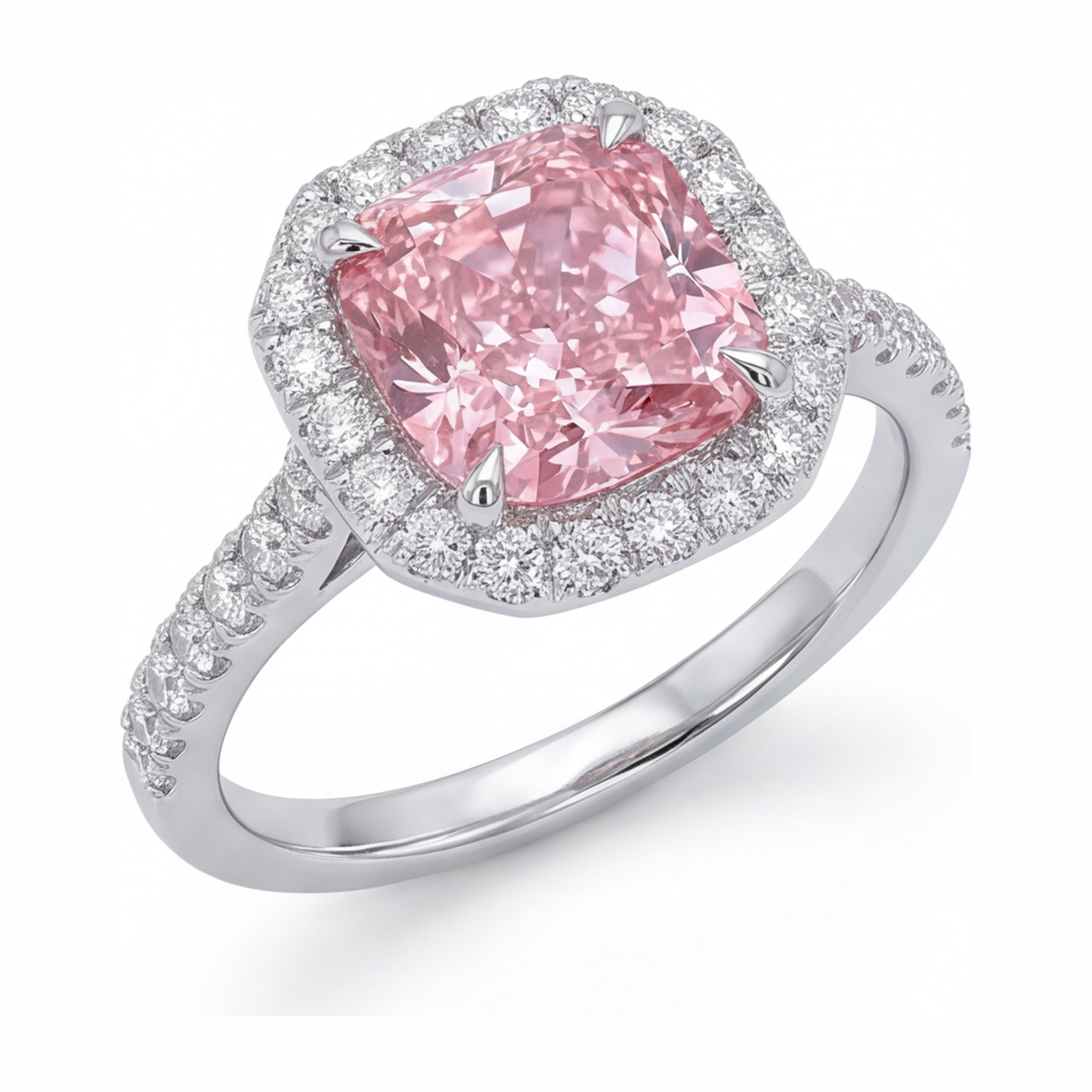 Pink Diamond Ring 3.25 Carat Lab Grown Cushion Halo Pave 14K White Gold