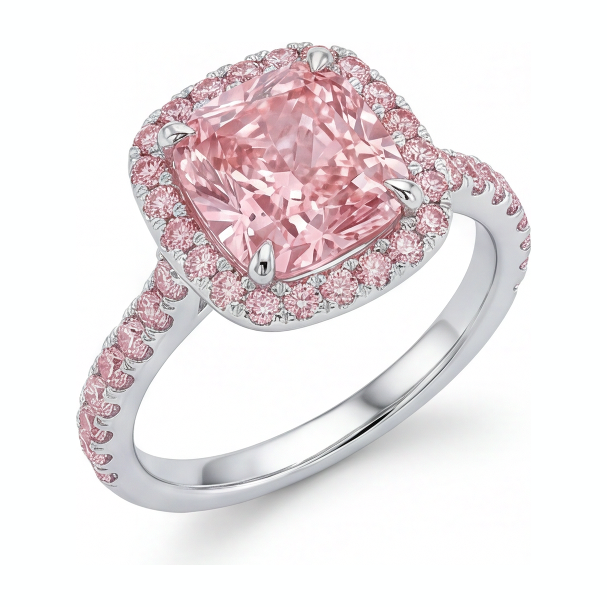 Pink Engagement Ring 3.25 Carat Lab Grown Cushion Diamond Halo Pave 14K White Gold